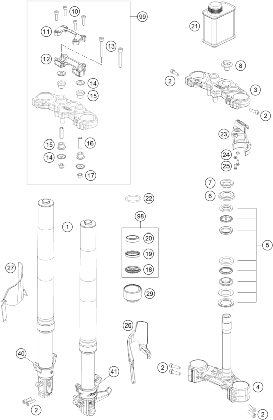 vue éclatée fourche téléscopique, té de fourche - ktm 250 duke bl. abs b.d. 16 eu 2016