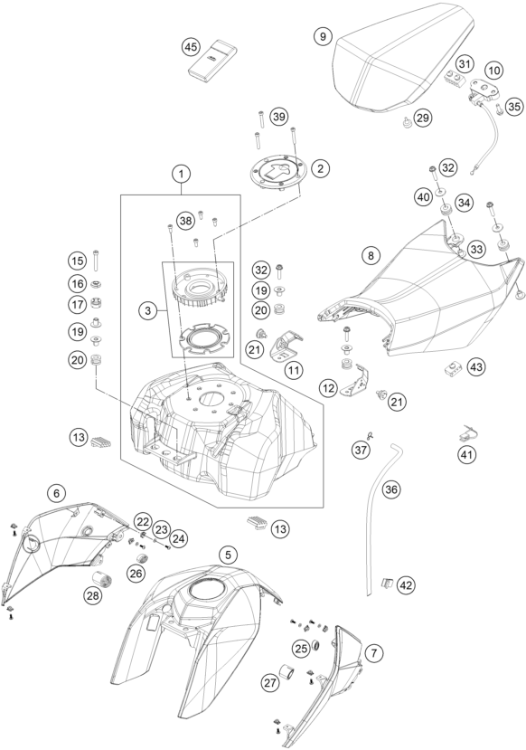 vue éclatée réservoir, selle - ktm 250 duke bl. abs b.d. 16 eu 2016