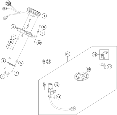 vue éclatée instruments / système de verrouillage - ktm 250 duke bl. abs b.d. 16 eu 2016