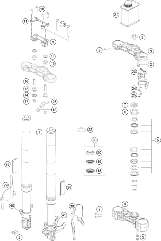 vue éclatée fourche téléscopique, té de fourche - ktm 250 duke, white, - b.d. eu 2019