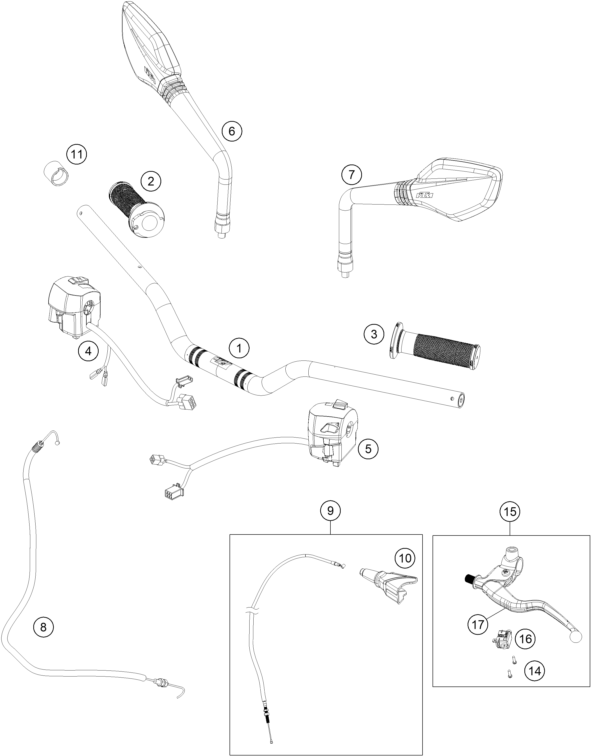 vue éclatée guidon, armatures - ktm 250 duke, white, - b.d. eu 2019