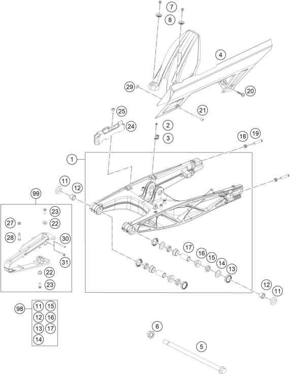 vue éclatée bras oscillant - ktm 250 duke, white, - b.d. eu 2019