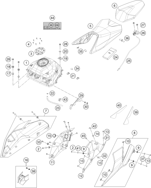 vue éclatée réservoir, selle - ktm 250 duke, white, - b.d. eu 2019