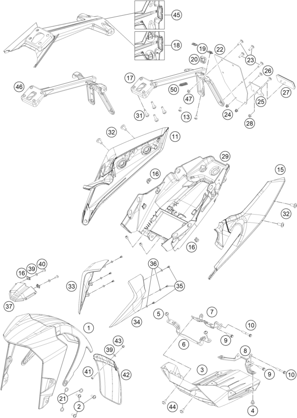 vue éclatée plaque, garde-boue - ktm 250 duke, white, - b.d. eu 2019