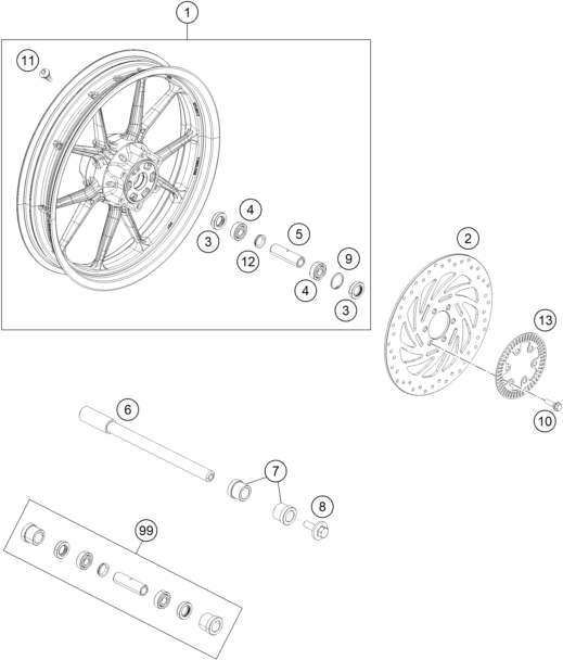 vue éclatée roue avant - ktm 250 duke, white, - b.d. eu 2019