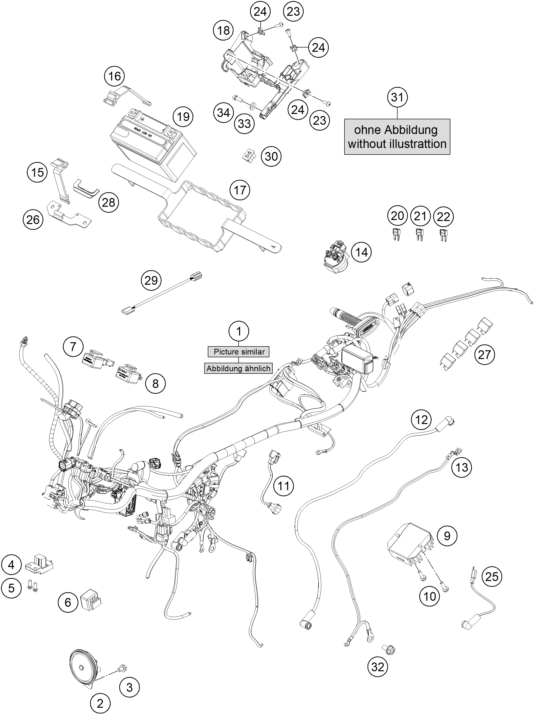 vue éclatée faisceau de câbles - ktm 250 duke, white, - b.d. eu 2019