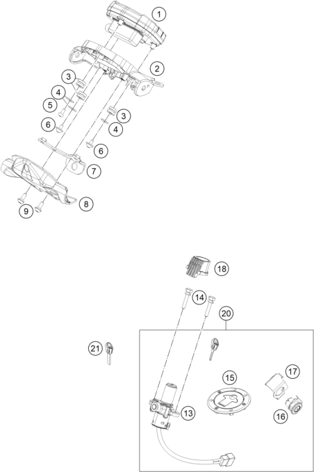 vue éclatée instruments / système de verrouillage - ktm 250 duke, white, - b.d. eu 2019