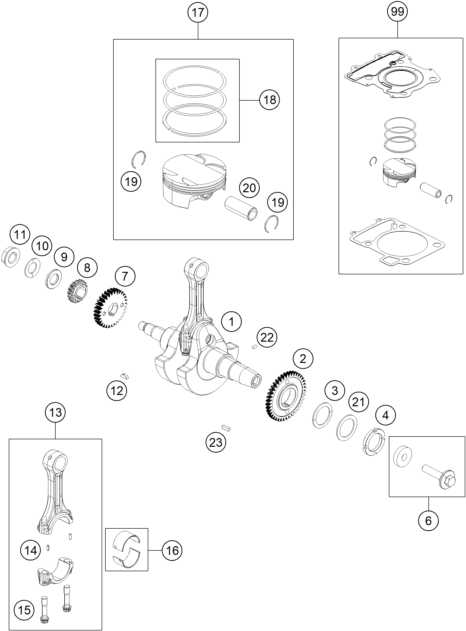 vue éclatée vilebrequin, piston - ktm 250 duke, white, - b.d. eu 2019