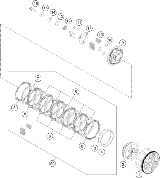 vue éclatée embrayage - ktm 250 duke, white, - b.d. eu 2019