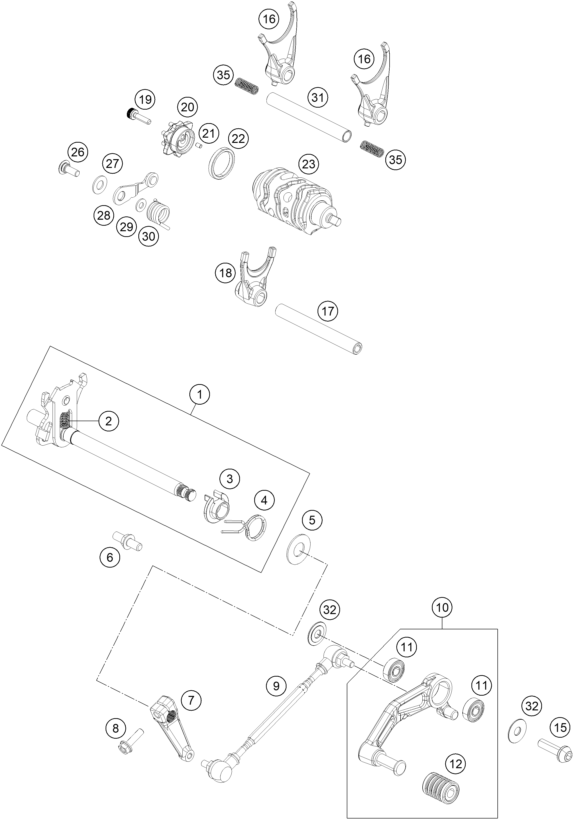 vue éclatée mécanisme de sélection - ktm 250 duke, white, - b.d. eu 2019