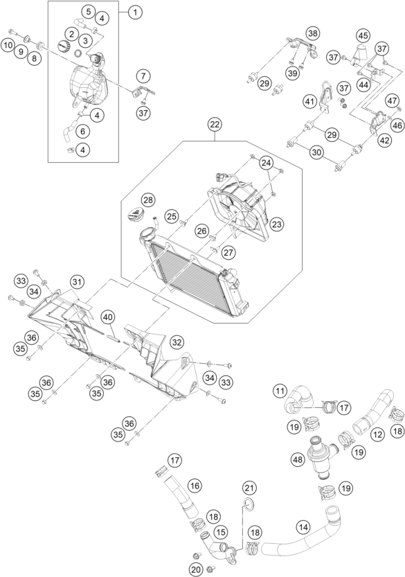 vue éclatée système de refroidissement - ktm 250 duke, white, - b.d. eu 2019