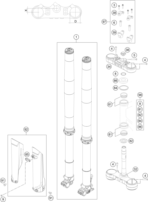 vue éclatée fourche téléscopique, té de fourche - gasgas ex 250f us 2021