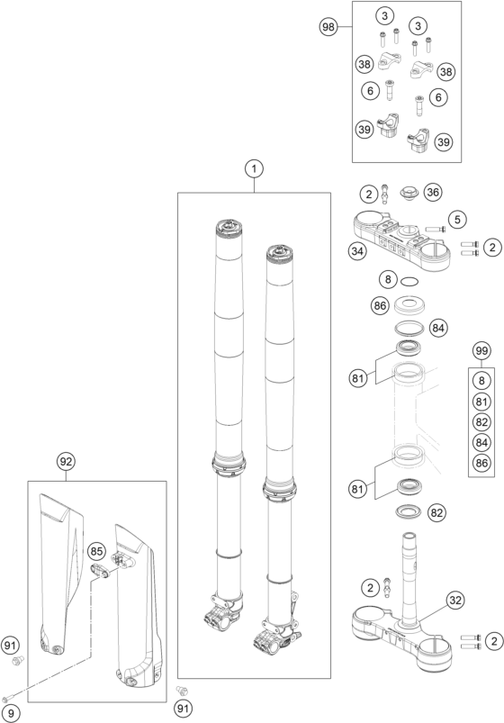 vue éclatée fourche téléscopique, té de fourche - gasgas ex 300 us 2022