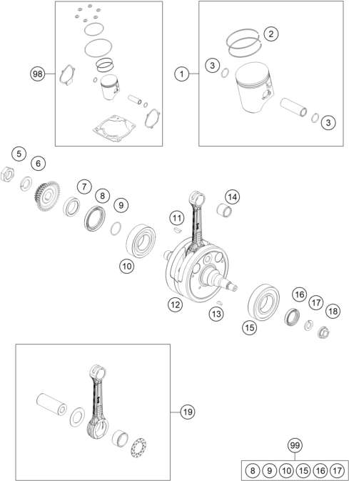 vue éclatée vilebrequin, piston - gasgas ec 250 us 2022