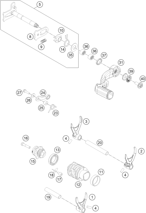 vue éclatée mécanisme de sélection - gasgas ec 300 us 2022
