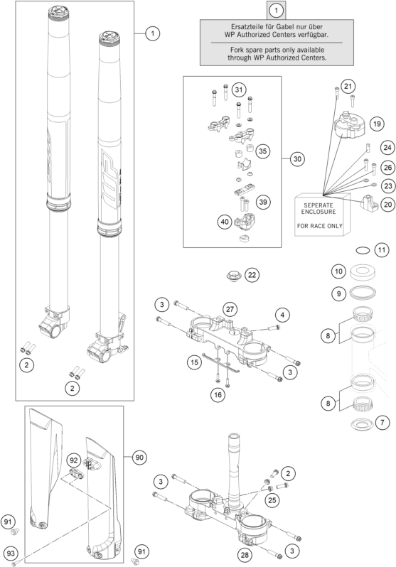 vue éclatée fourche téléscopique, té de fourche - gasgas rx 450f replica 2023