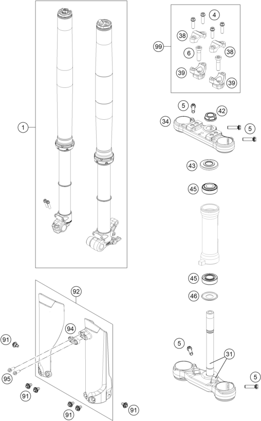 vue éclatée fourche téléscopique, té de fourche - gasgas mc-e 5 2025