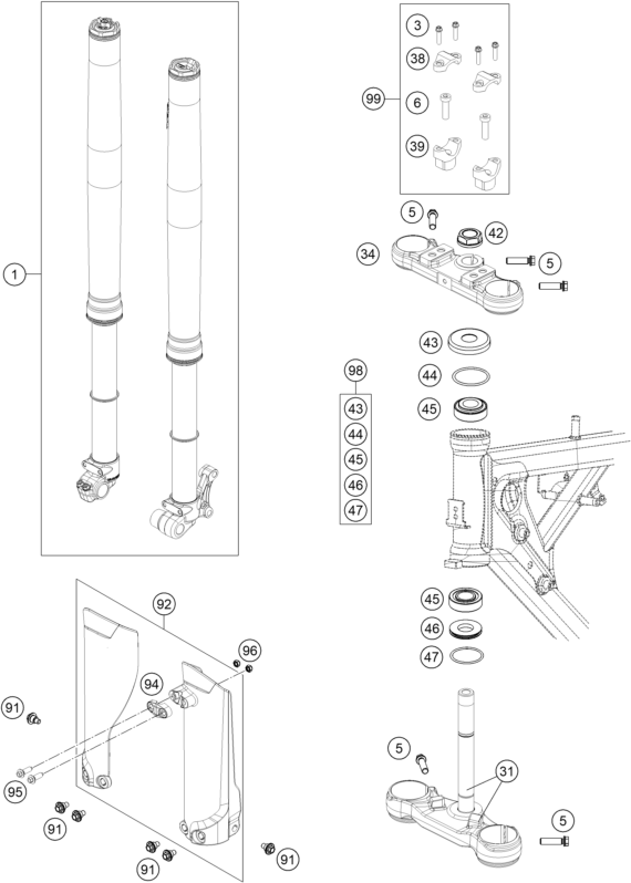 vue éclatée fourche téléscopique, té de fourche - gasgas mc 65 eu 2021
