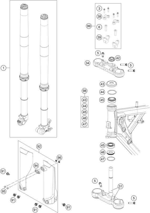 vue éclatée fourche téléscopique, té de fourche - gasgas mc 65 eu 2023