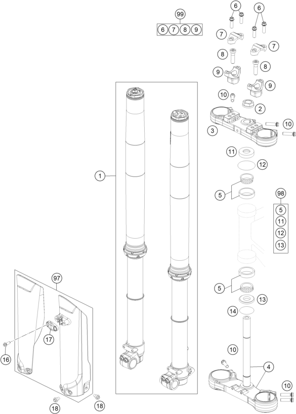 vue éclatée fourche téléscopique, té de fourche - gasgas mc 85 19/16 eu 2022