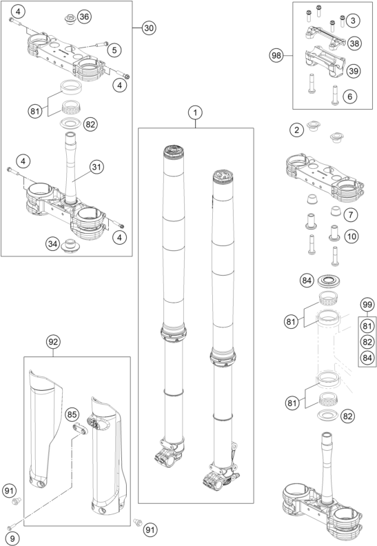 vue éclatée fourche téléscopique, té de fourche - gasgas mc 450f factory edition us 2023