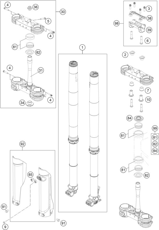 vue éclatée fourche téléscopique, té de fourche - gasgas mc 450f prado edition 2025