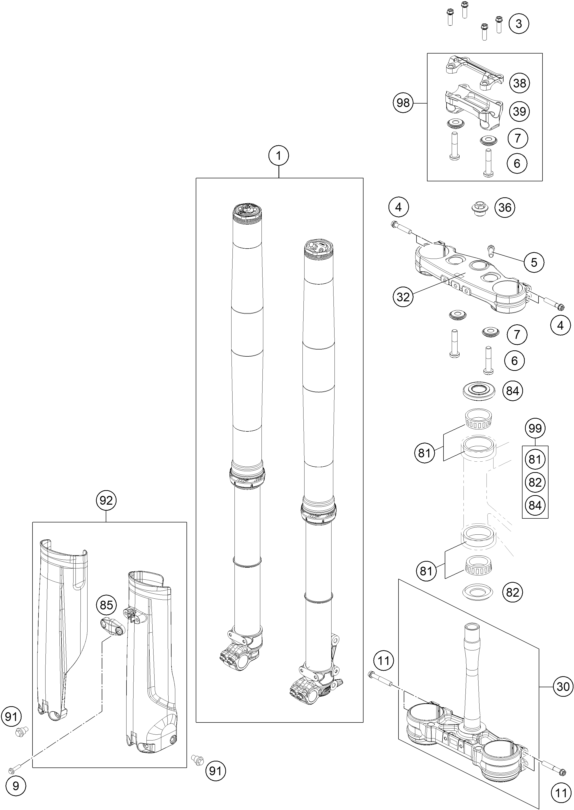 vue éclatée fourche téléscopique, té de fourche - gasgas mc 125 2024