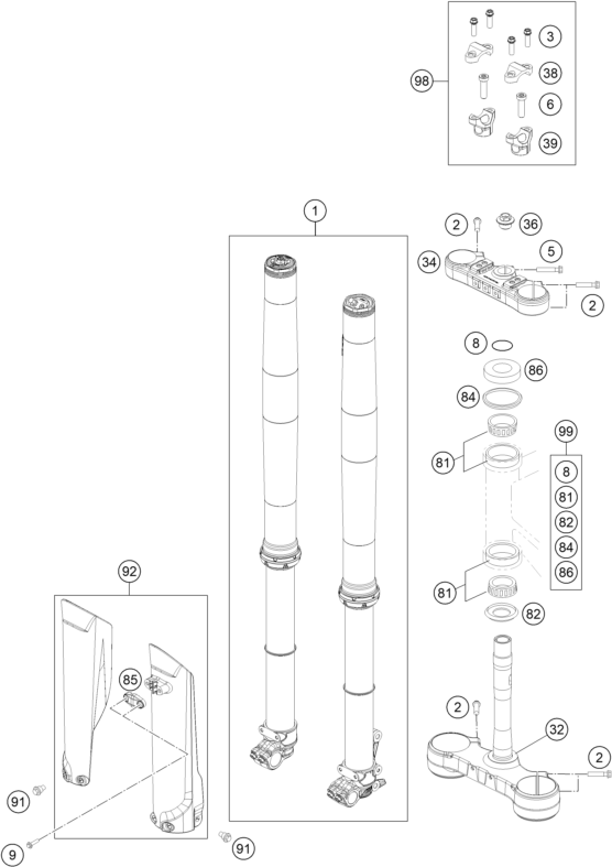vue éclatée fourche téléscopique, té de fourche - gasgas mc 250f ikd ar 2023