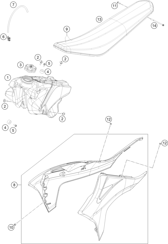 vue éclatée réservoir, selle - gasgas mc 250f ikd ar 2023
