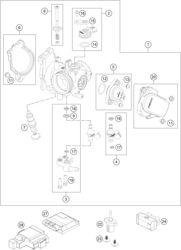 vue éclatée corps du clapet d'étranglement - gasgas mc 250f ikd ar 2023