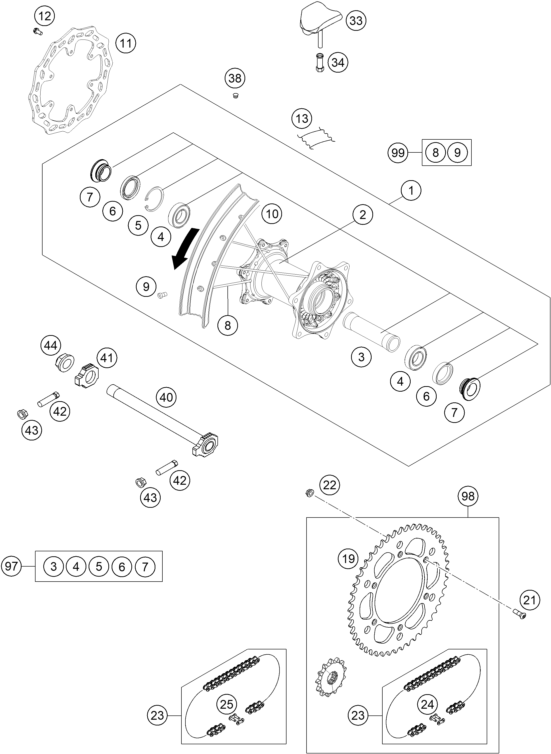 vue éclatée roue arrière - gasgas mc 250f 2024