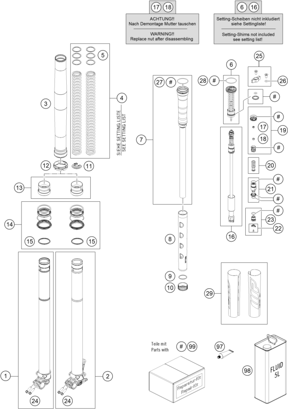 vue éclatée fourche téléscopique - ktm 150 xc-w us 2026