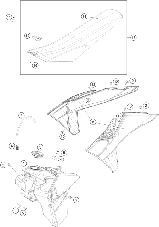vue éclatée réservoir, selle - ktm 150 xc-w us 2026