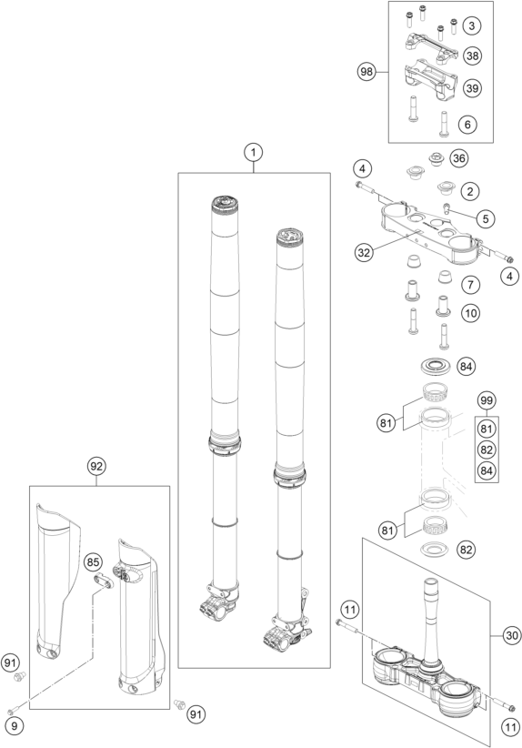 vue éclatée fourche téléscopique, té de fourche - ktm 125 sx us 2026