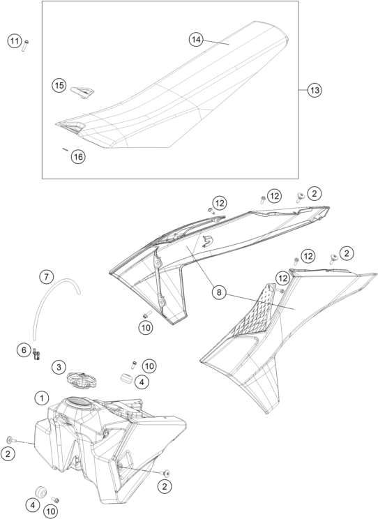 vue éclatée réservoir, selle - ktm 125 sx us 2026