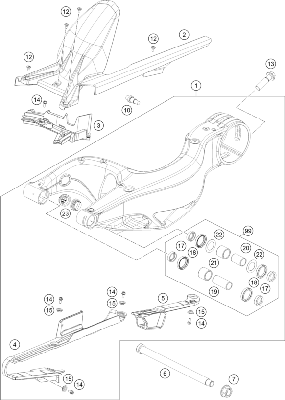 vue éclatée bras oscillant - ktm 1390 super duke r evo, orange us 2026
