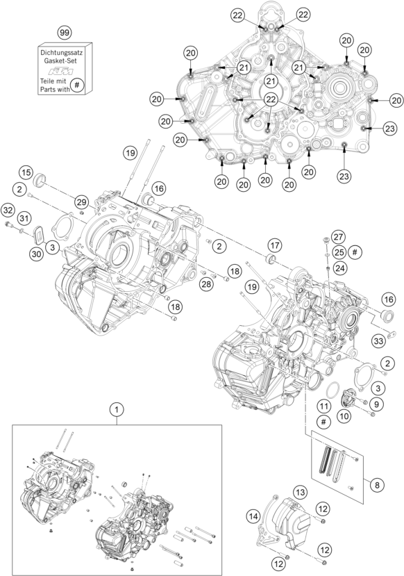 vue éclatée carter moteur - ktm 1390 super duke r evo, orange us 2026