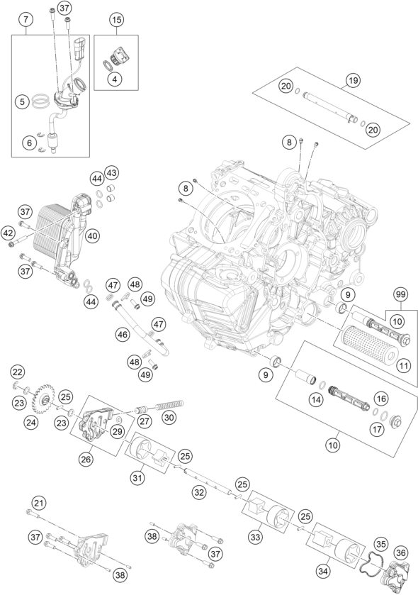 vue éclatée système de lubrification - ktm 1390 super duke r evo, orange us 2026