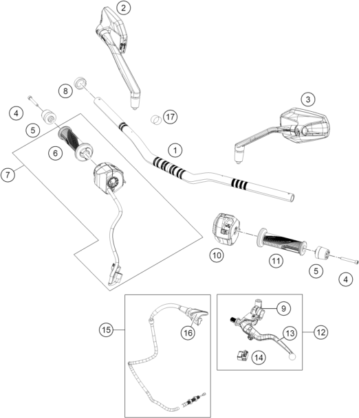 vue éclatée guidon, armatures - ktm 125 duke, blue - b.d. rw 2026