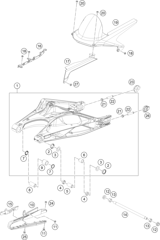 vue éclatée bras oscillant - ktm 125 duke, blue - b.d. rw 2026