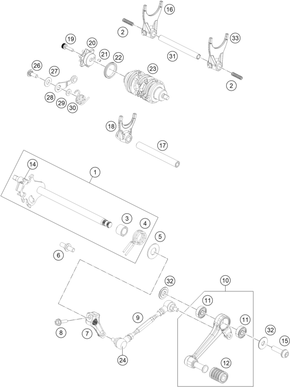 vue éclatée mécanisme de sélection - ktm 125 duke, blue - b.d. rw 2026