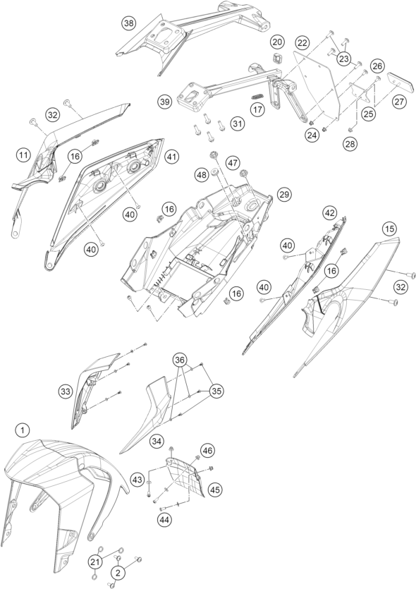 vue éclatée plaque, garde-boue - ktm 200 duke, black, abs-b.d. rw 2026