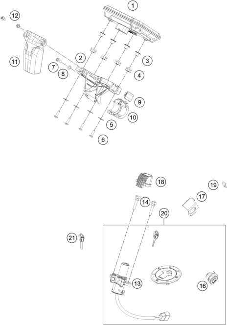 vue éclatée instruments / système de verrouillage - ktm 200 duke, black, abs-ikd ar 2026