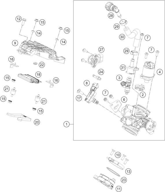 vue éclatée corps du clapet d'étranglement - ktm 200 duke, black, abs-ikd ar 2026