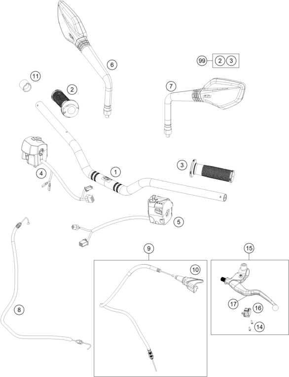 vue éclatée guidon, armatures - ktm 200 duke, black, w/o abs - b.d. rw 2026