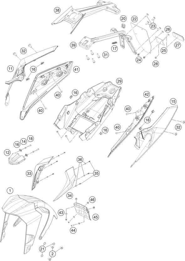vue éclatée plaque, garde-boue - ktm 200 duke, black, w/o abs - b.d. rw 2026