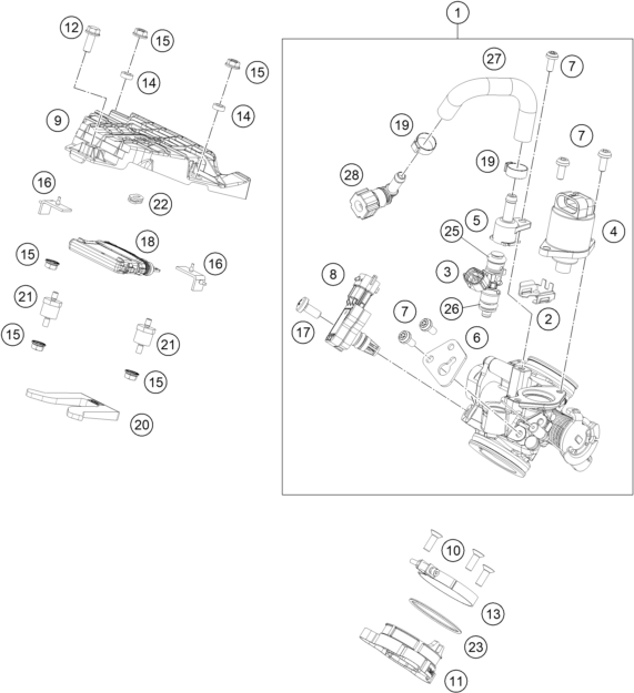 vue éclatée corps du clapet d'étranglement - ktm 200 duke, black, w/o abs - b.d. rw 2026