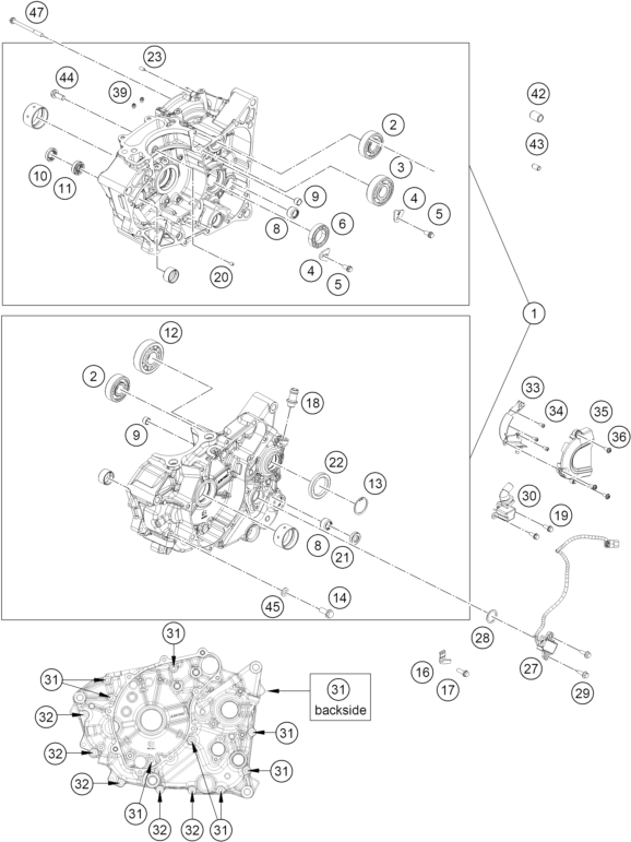 vue éclatée carter moteur - ktm 125 smc r - b.d. rw 2026