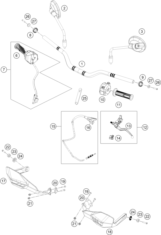 vue éclatée guidon, armatures - ktm 125 enduro r - b.d. jp 2026