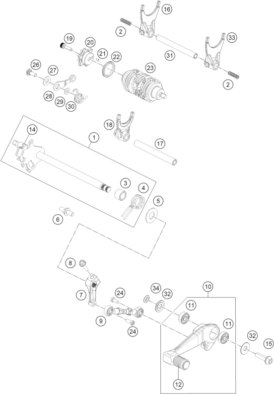 vue éclatée mécanisme de sélection - ktm 125 enduro r - b.d. jp 2026
